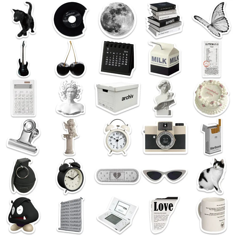 Set of 61 black and white coffee cup design PVC waterproof stickers for laptops and phones.