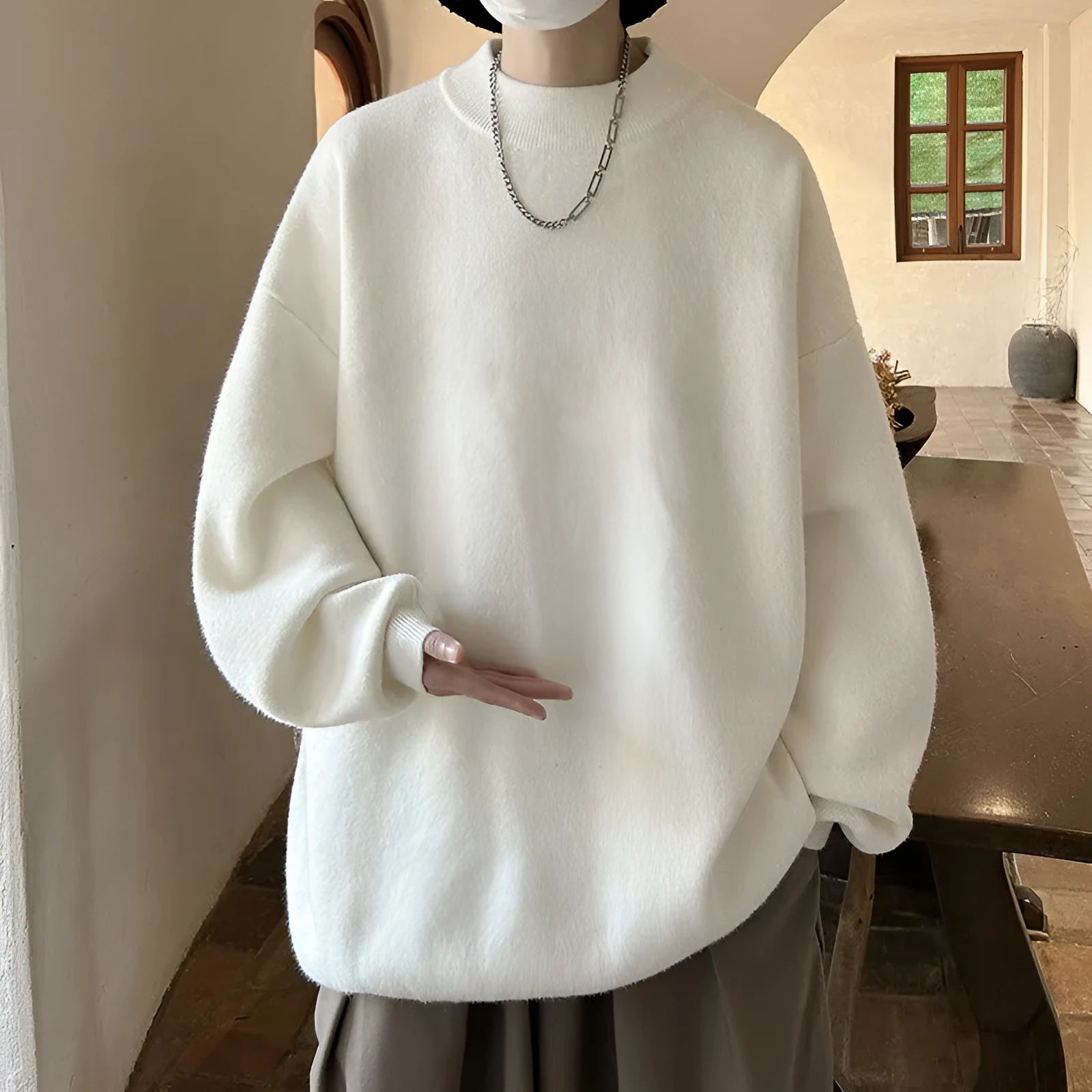 Men's loose fit round neck polyester sweater in multiple colour options