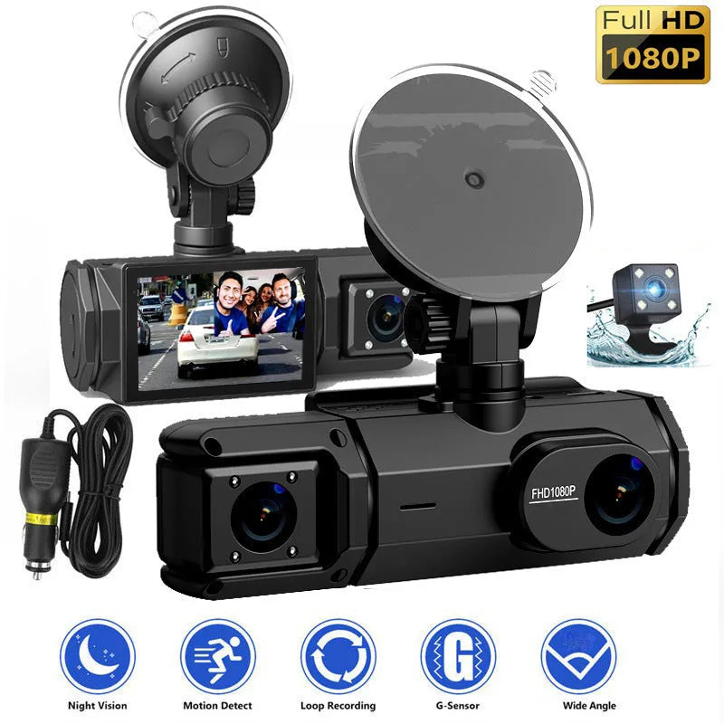 HD 1080P three lens WiFi car DVR dash cam with reversing image, front interior and rear cameras on 2 inch IPS screen
