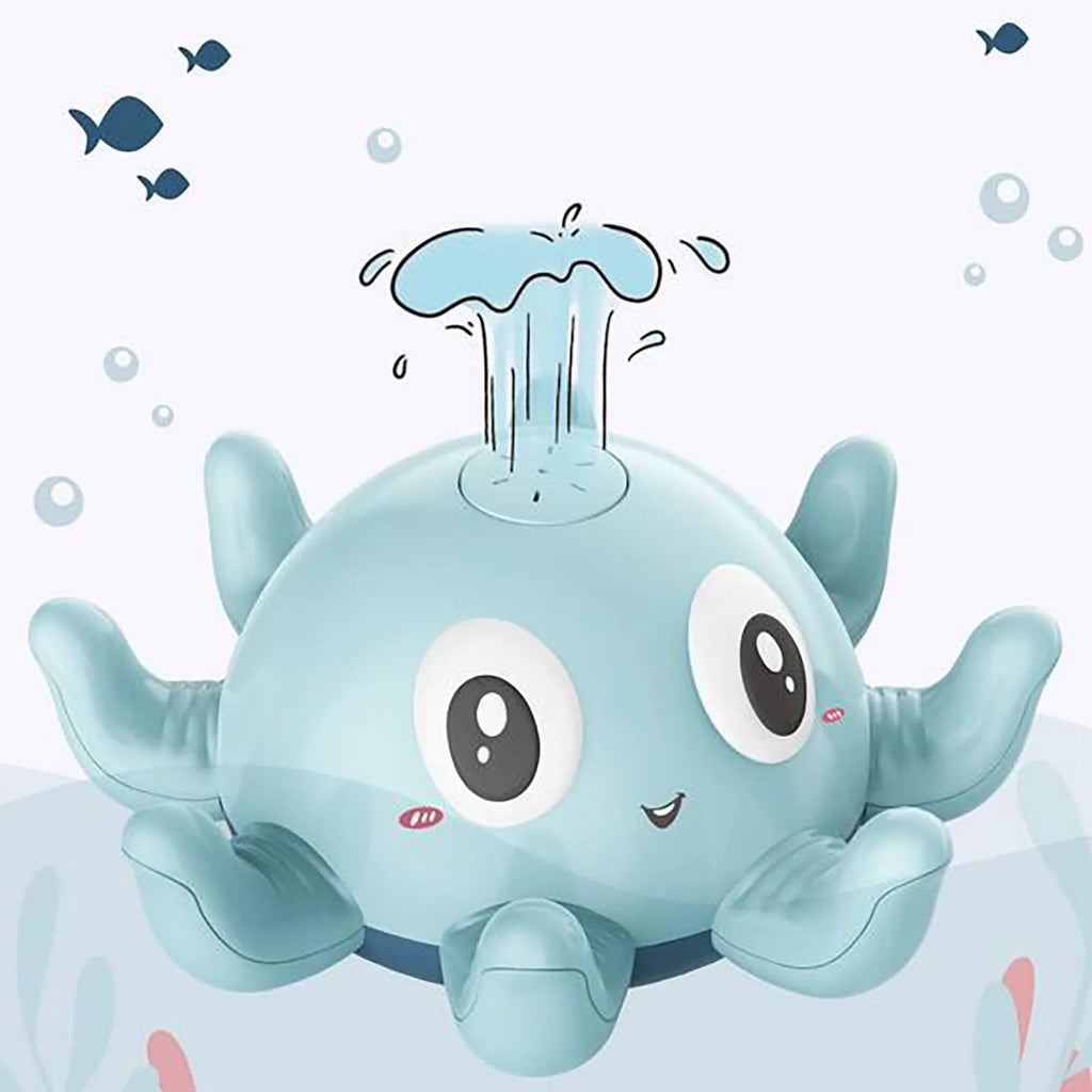 Blue automatic water spray bath toy shaped like an octopus with flashing lights, for baby bath time.