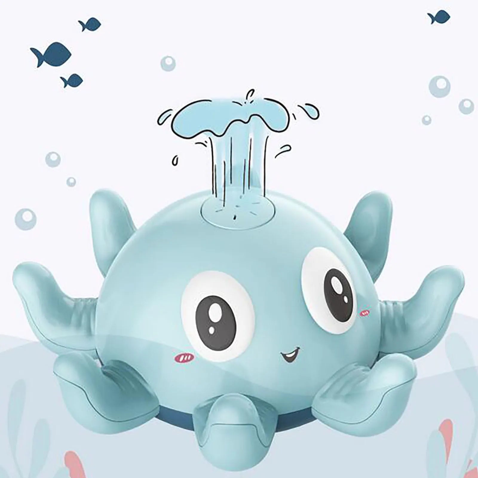 Blue automatic water spray bath toy shaped like an octopus with flashing lights, for baby bath time.