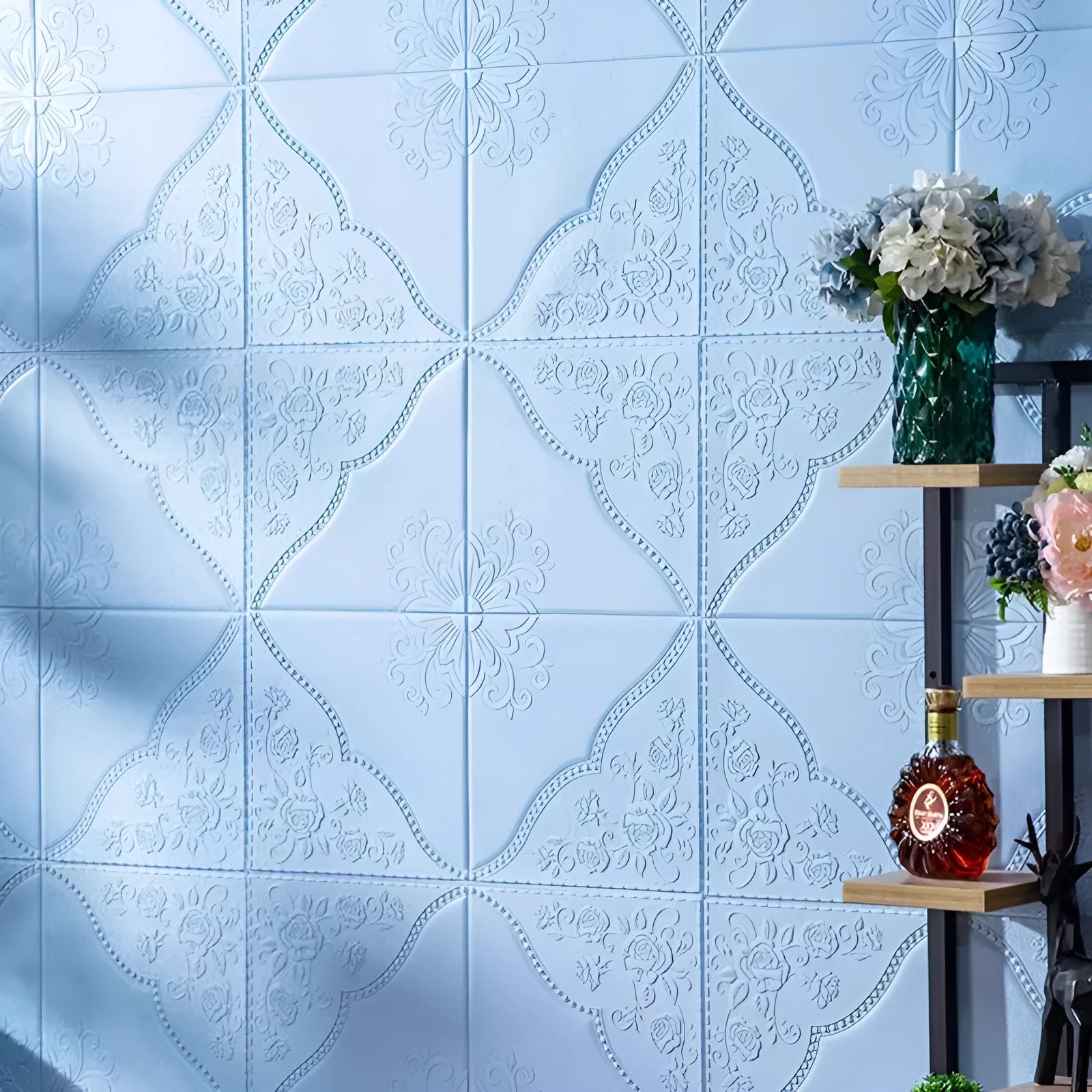 Light blue plants and flowers pattern XPE foam wall sticker with three-dimensional texture measuring 70cm square