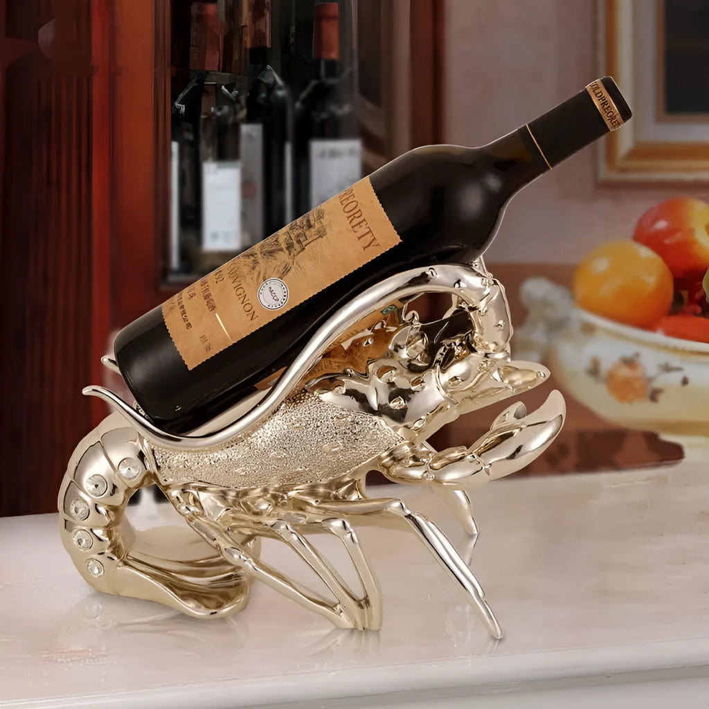 Lobster-shaped wine rack ornament in rose gold or silver resin for decorative bottle display.