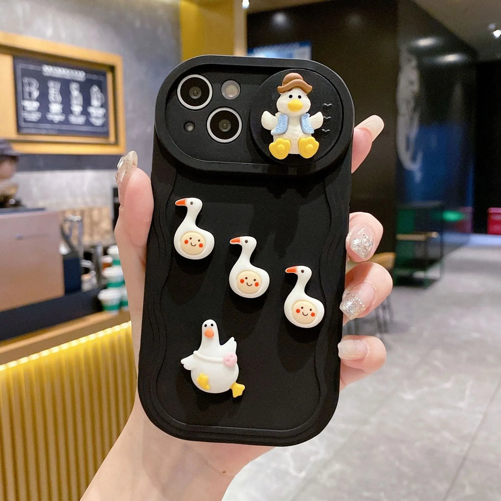 Wave sliding window cartoon three-dimensional duck soft protective cover for Apple iPhone, beige duck colour