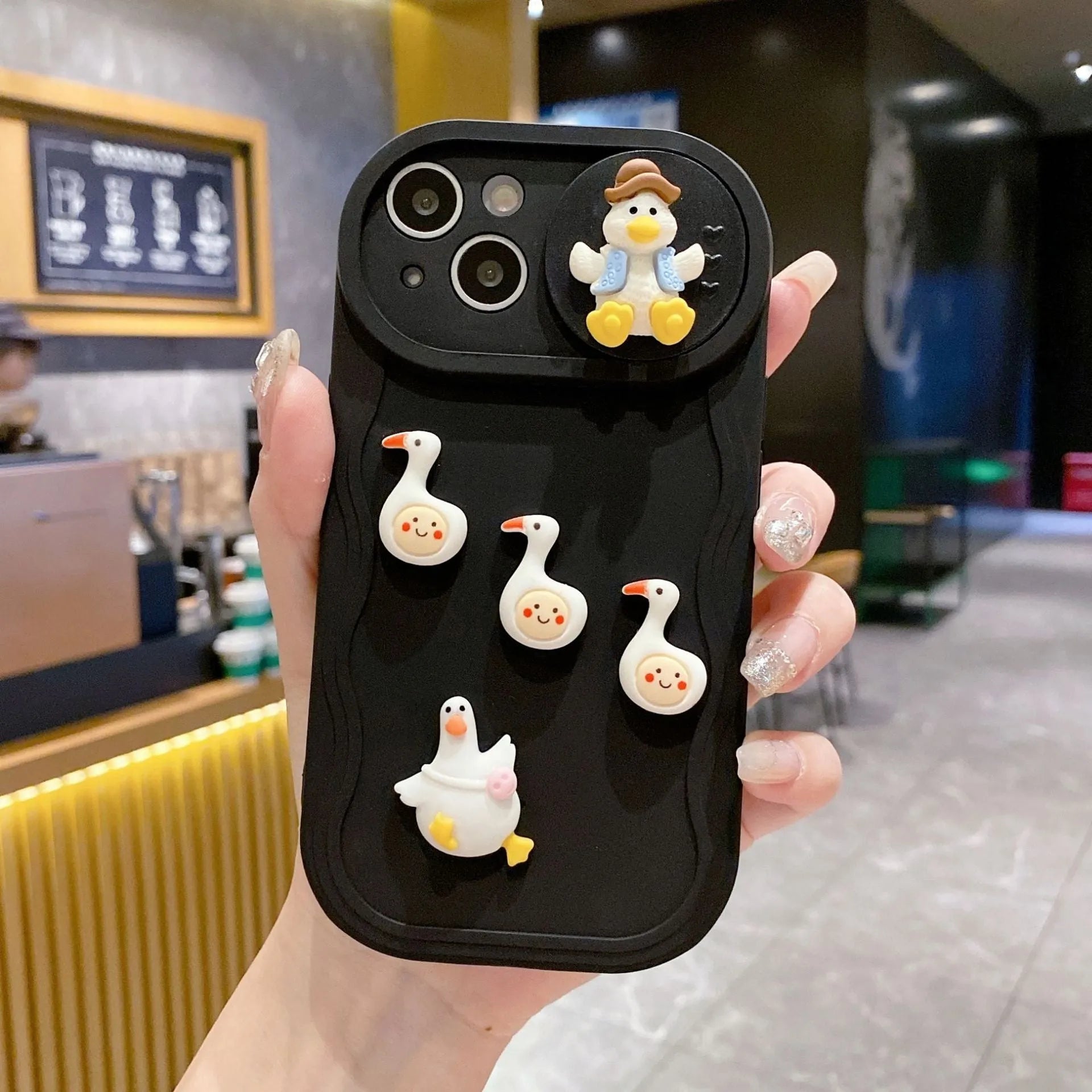 Wave sliding window cartoon three-dimensional duck soft protective cover for Apple iPhone, beige duck colour