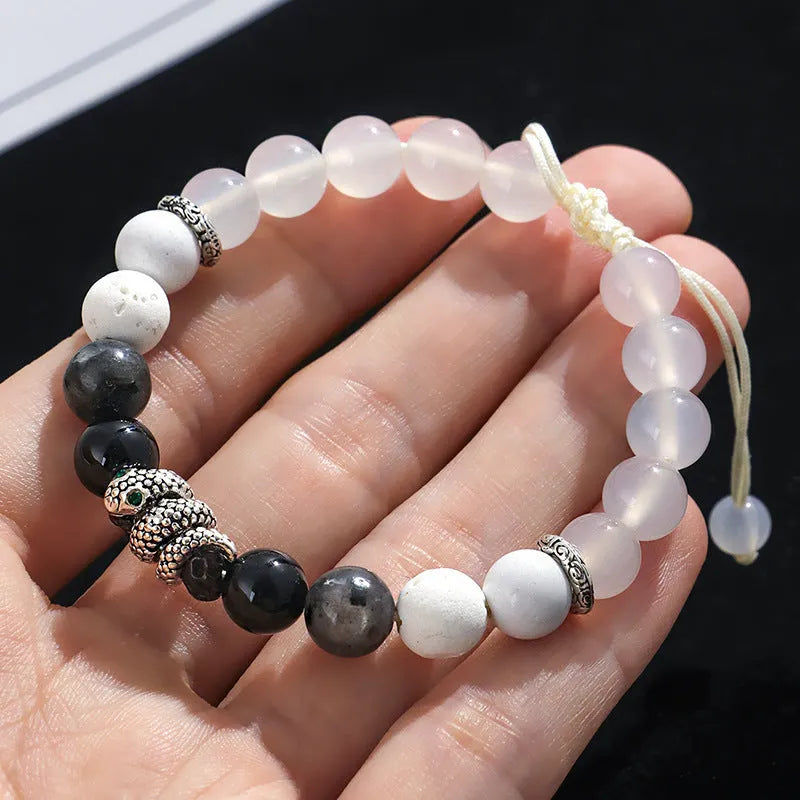 Black and white agate couple bracelets with blessing snake design and glitter accents