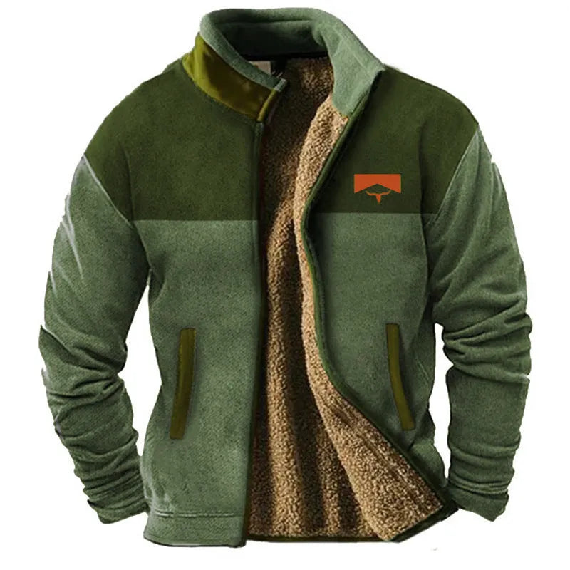 Men's green padded polyester coat with a fleece lining, shown on a hanger.