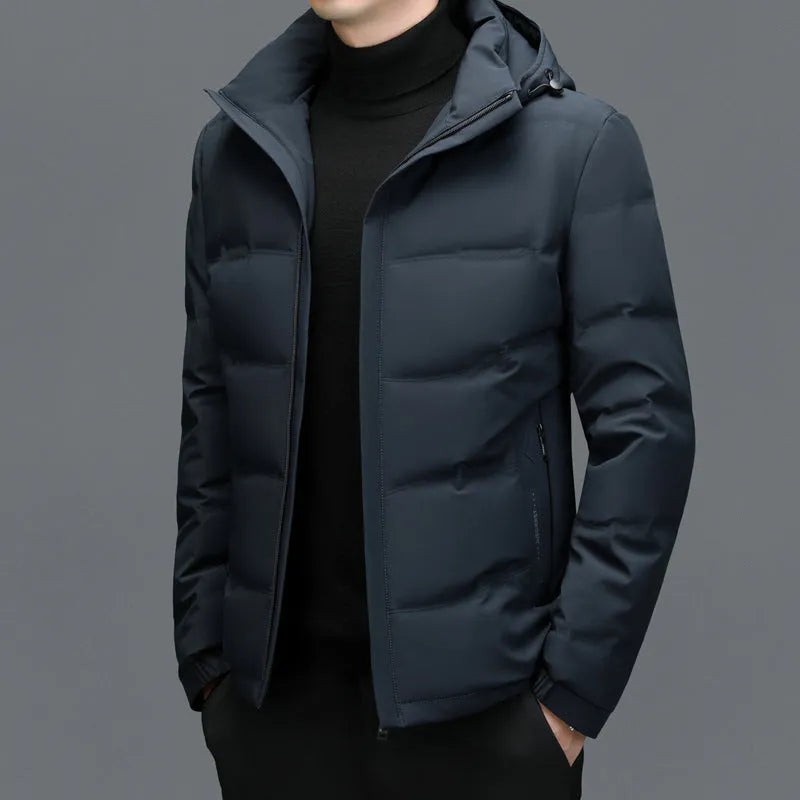 Men's thick down jacket in black with detachable hood, white duck down filling, loose fit