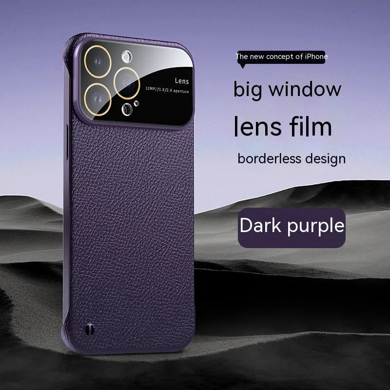 Frameless lychee pattern iPhone case in black, PC material, shockproof and anti-fingerprint, for iPhone 11 to 15 Pro Max.