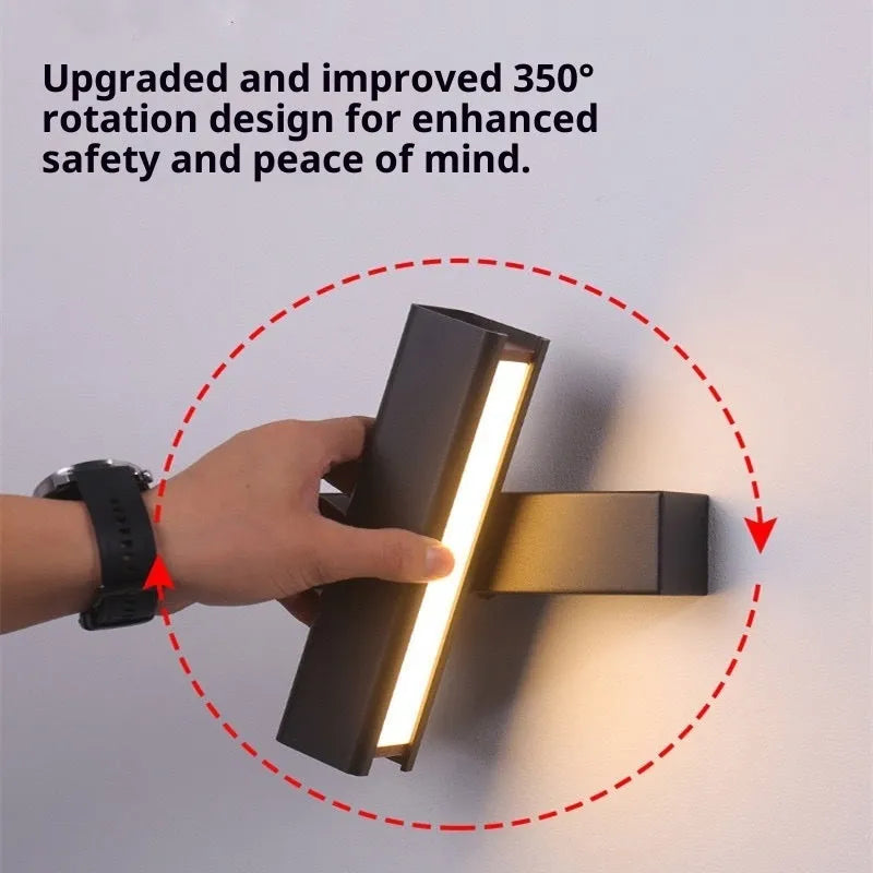 Modern minimalist rotating wall lamp with iron body and PC shade, shown in black or white
