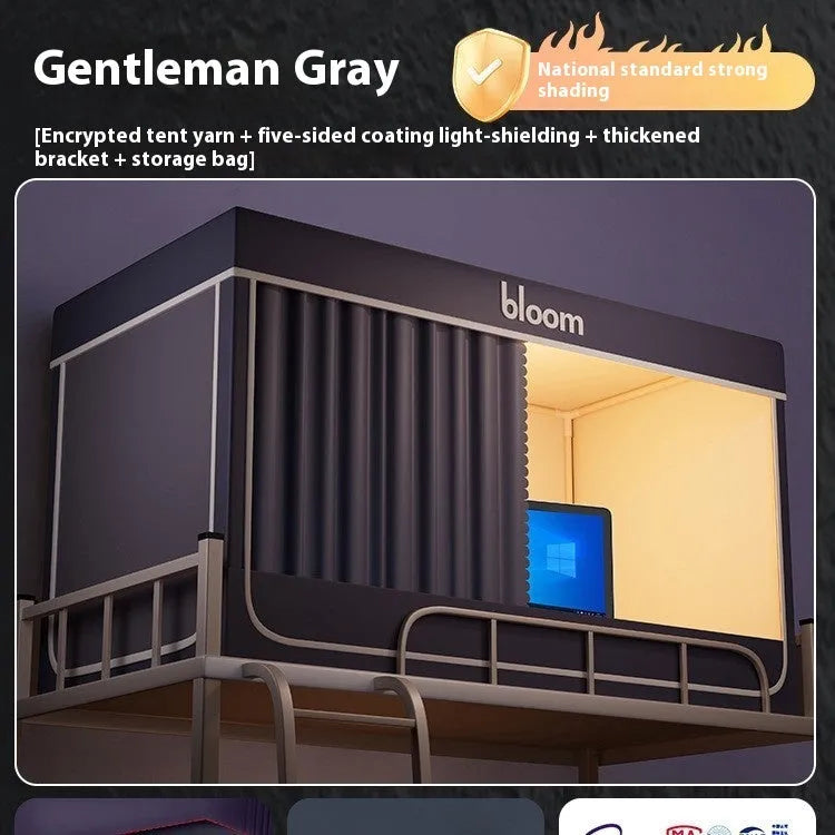 Grey integrated bed curtains with mosquito net for 0.9m width beds showing bracket system