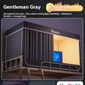 Grey integrated bed curtains with mosquito net for 0.9m width beds showing bracket system
