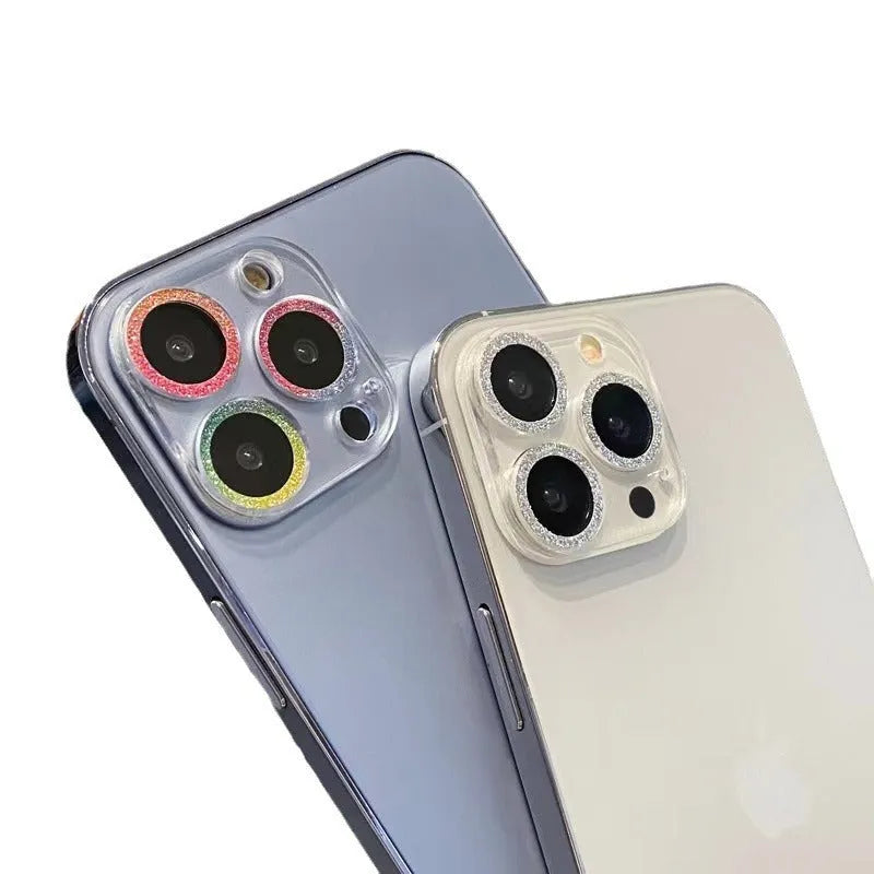 Integrated glitter tempered glass lens protector for Apple iPhone with rhinestone finish, available in multiple colours