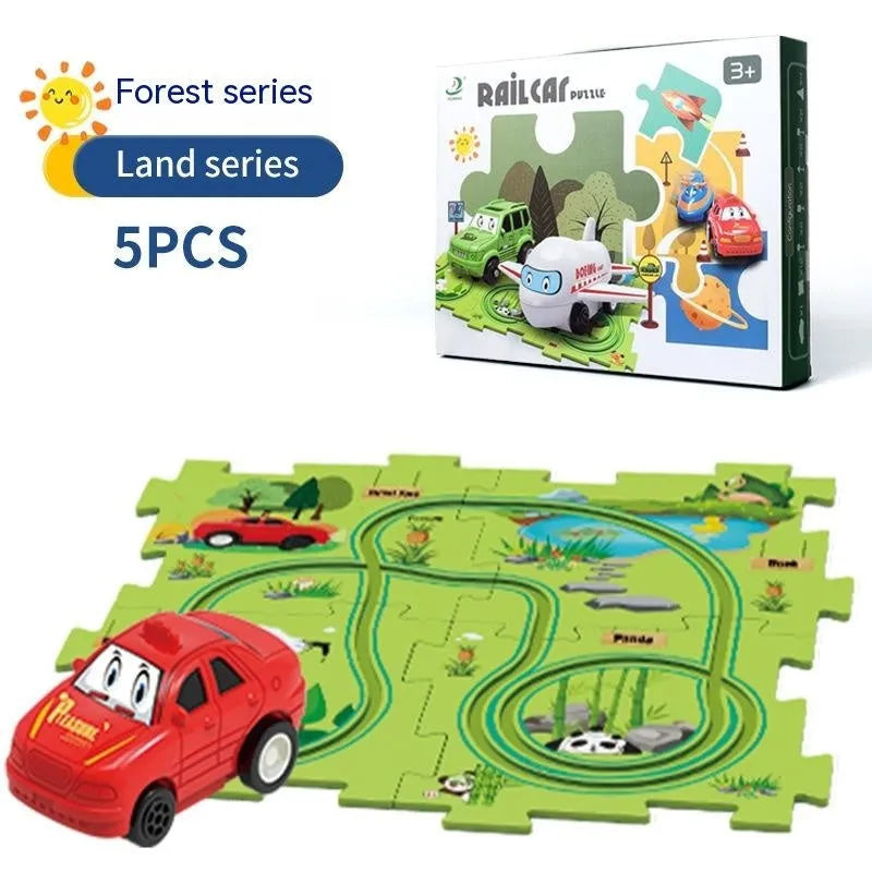 Children puzzle electric railroad speeder with automatic car and dinosaur-themed puzzle track pieces on floor