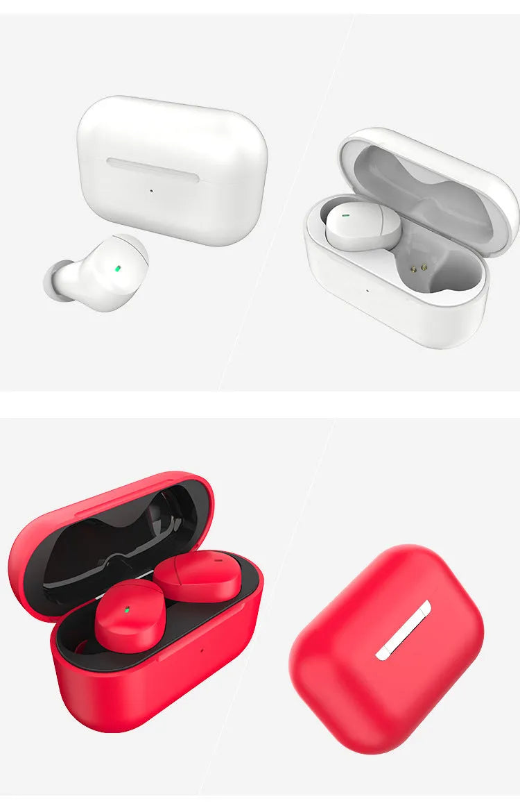Flame red Qualcomm TWS 3040 wireless Bluetooth earbuds with charging case and USB cable.