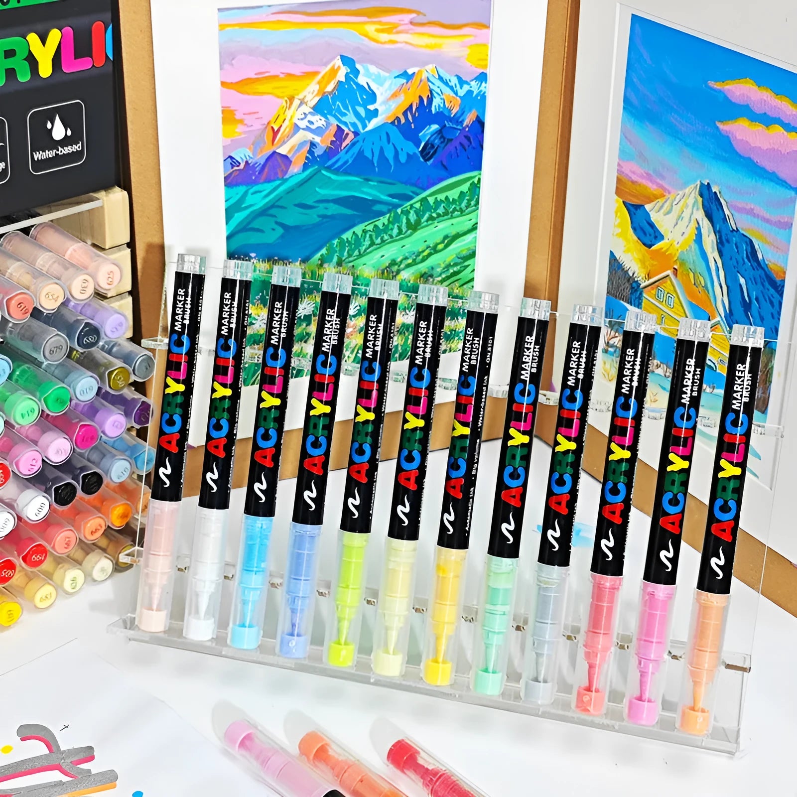 Straight liquid acrylic marker pens with soft heads in multiple colour set options