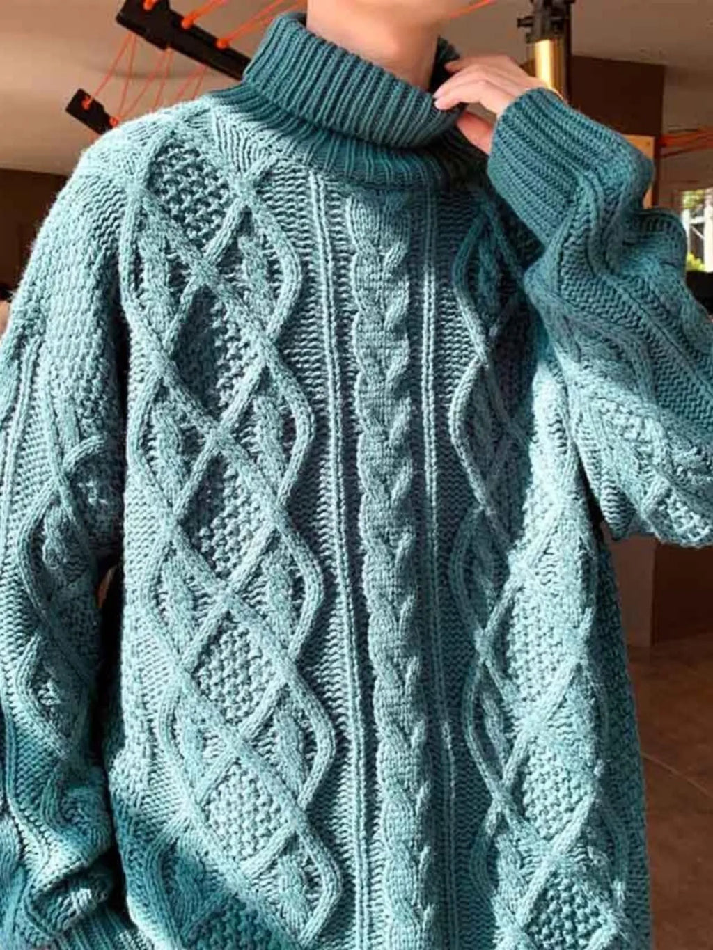 Japanese-style retro green jacquard turtleneck sweater, loose fit wool blend knit jumper for women
