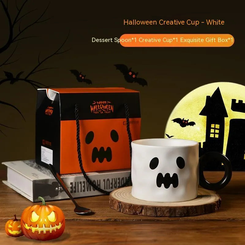 Orange pumpkin ceramic cup with handle and dessert spoon in gift box packaging