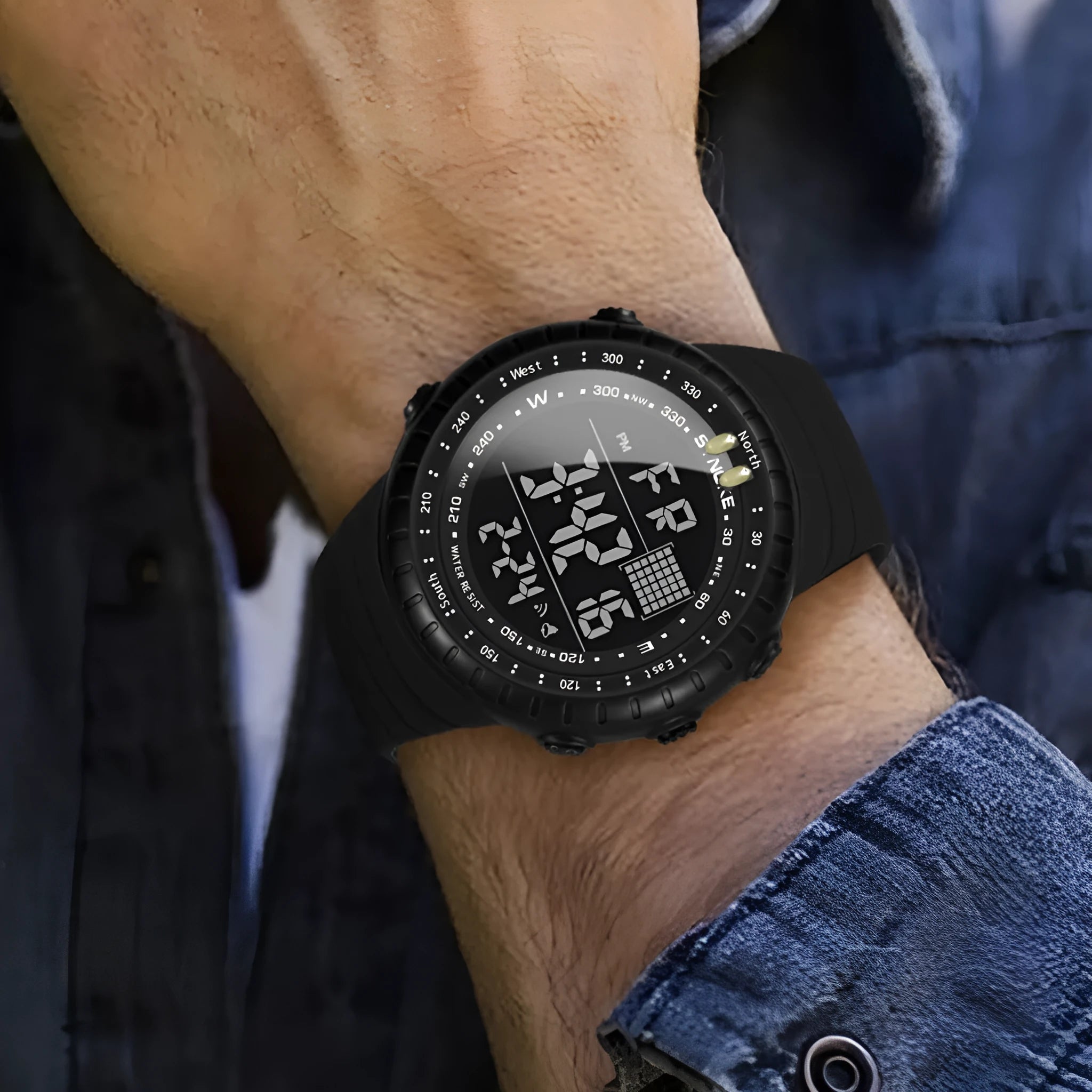 Black digital waterproof watch with large 54.74mm dial and textured PU strap on a wrist
