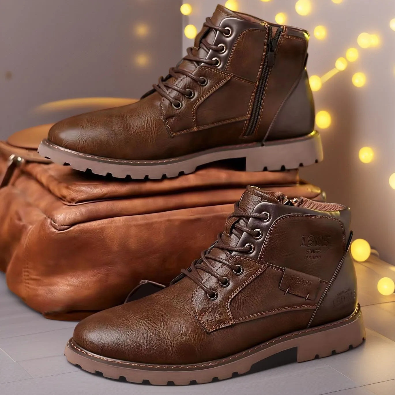 Men's brown ankle boots with side zipper and rubber sole on size 45