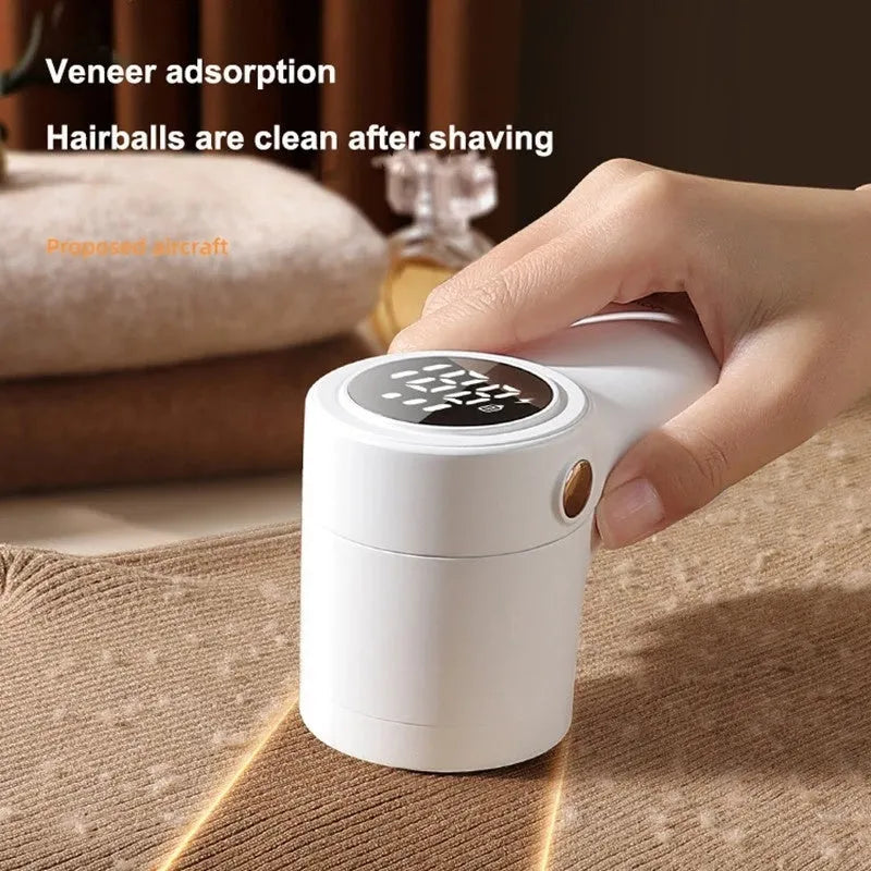 White electric lint remover with LED display showing dimensions 126x73x68mm