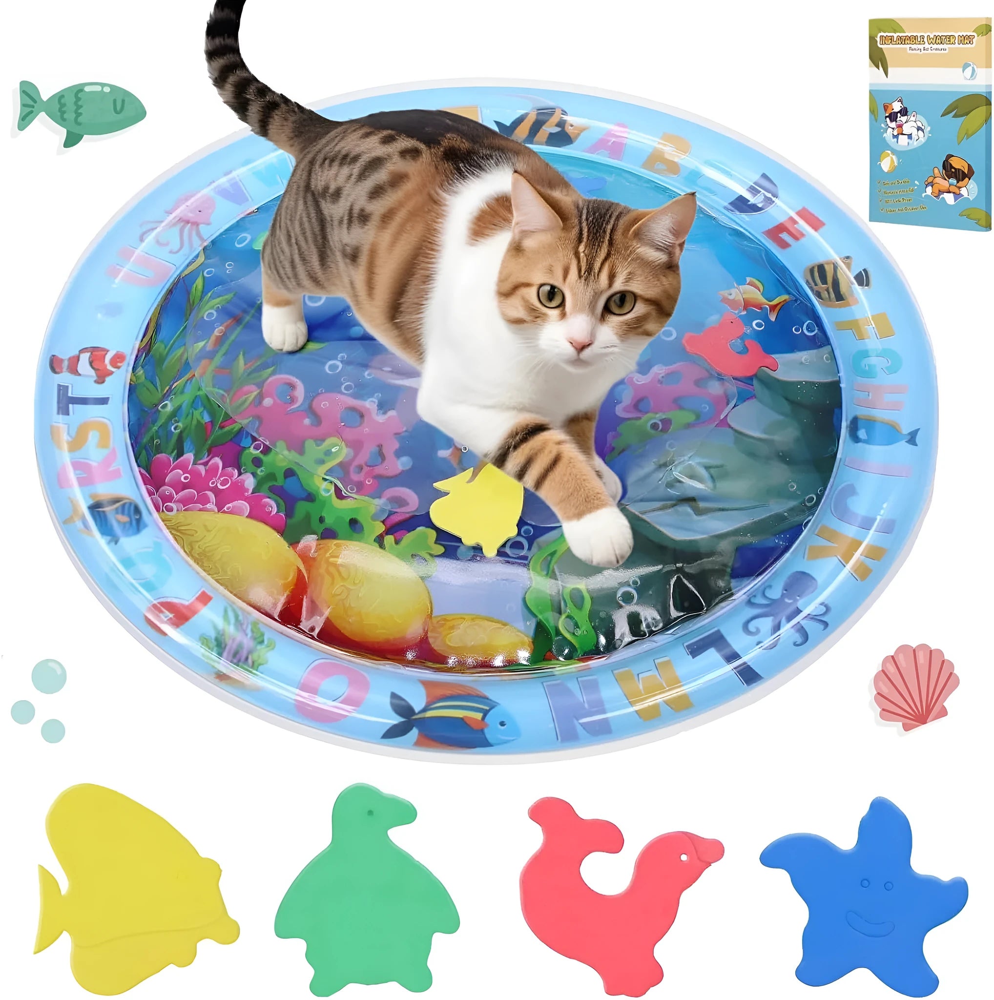 Square blue water sensory playmat for cats and dogs with ocean fish design and floating toys inside.