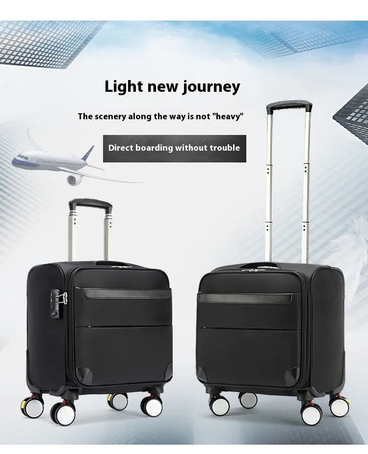 Black 18-inch Oxford cloth carry-on suitcase with retractable handle and universal wheels.