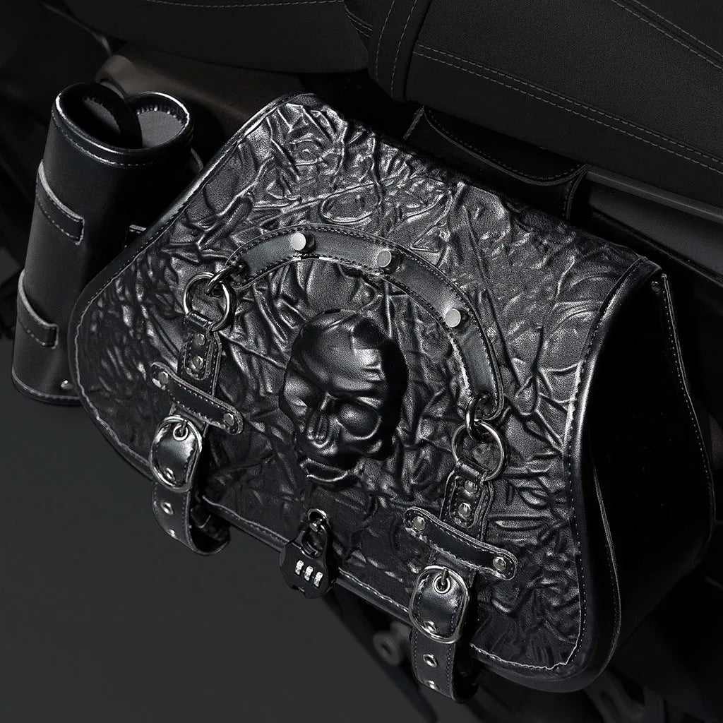 Pair of black PU motorcycle side luggage bags, model FBG404BK, mounted on a motorcycle.