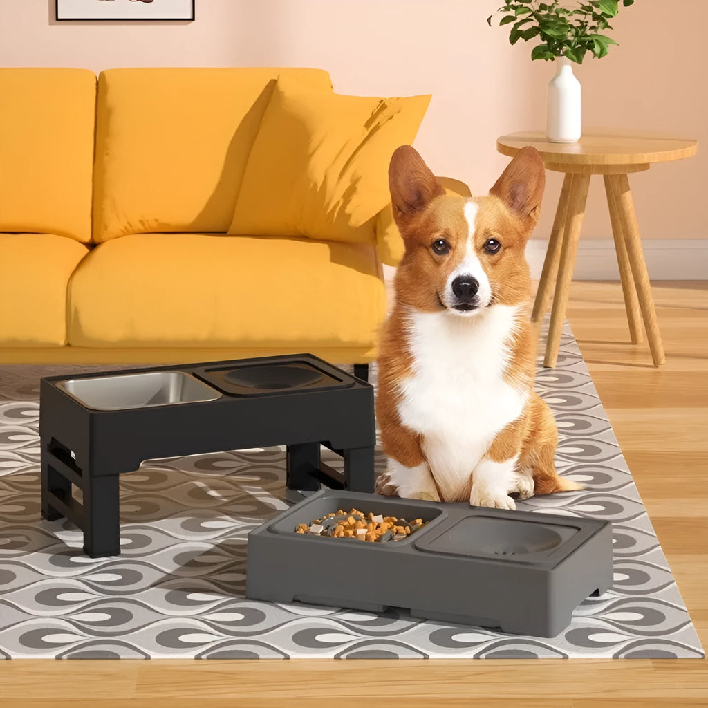 Adjustable height pet feeding stand with stainless steel bowls in black or grey colour options