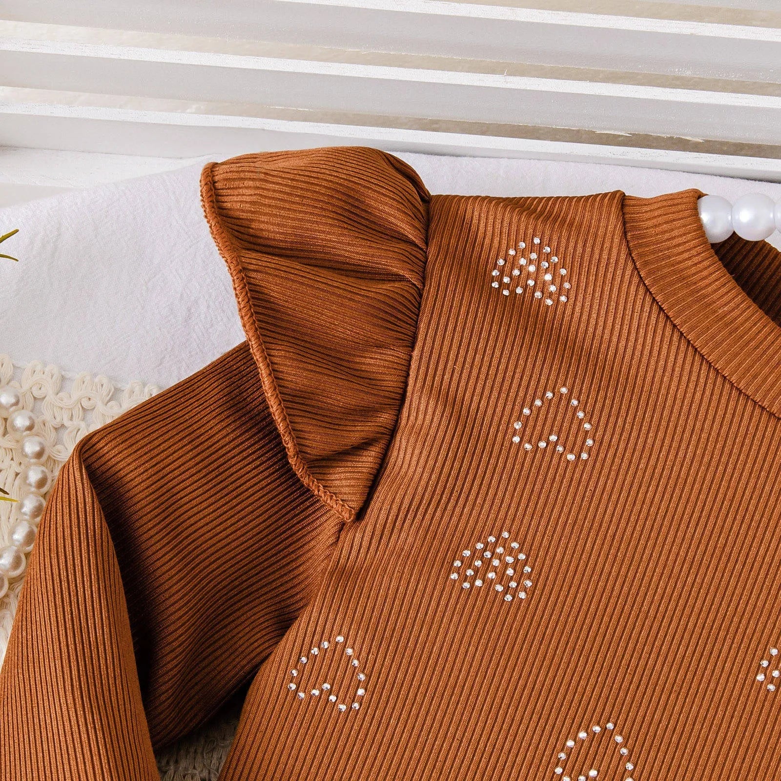 Brown striped long-sleeve top and short skirt cotton dress set for toddlers