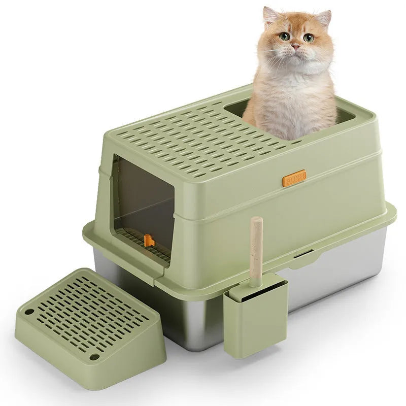 Grey fully enclosed cat litter box with pedal entrance