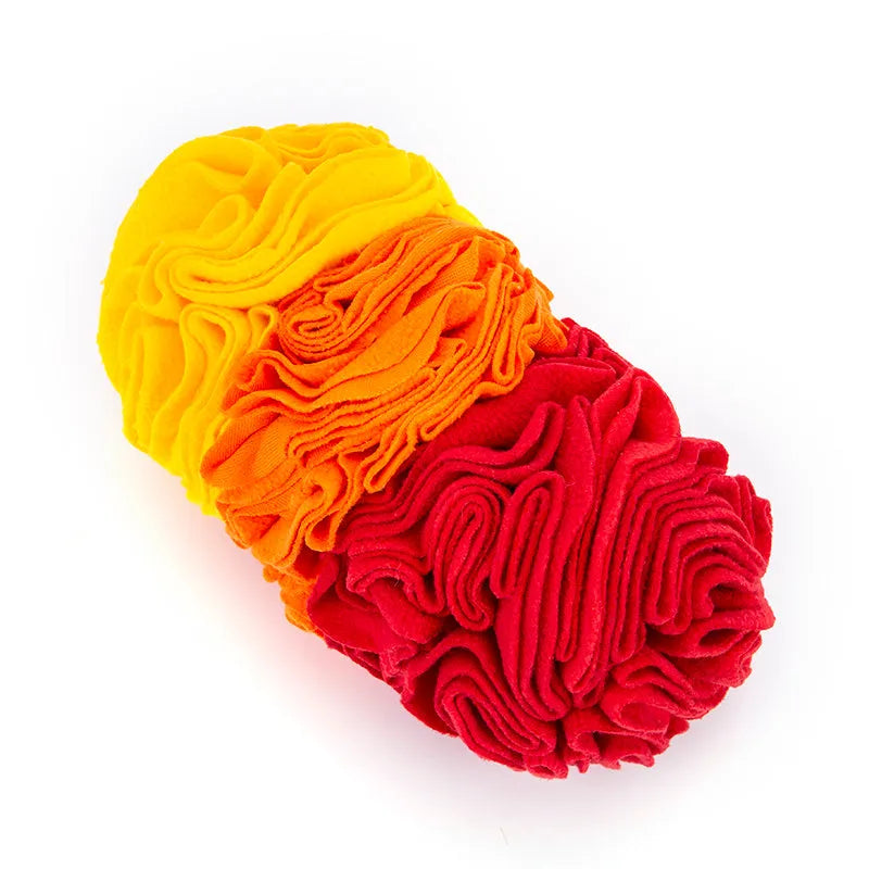 Dog snuffle pad made from polar fleece in rainbow colour, size 25x15cm, with treats hidden in fleece strips