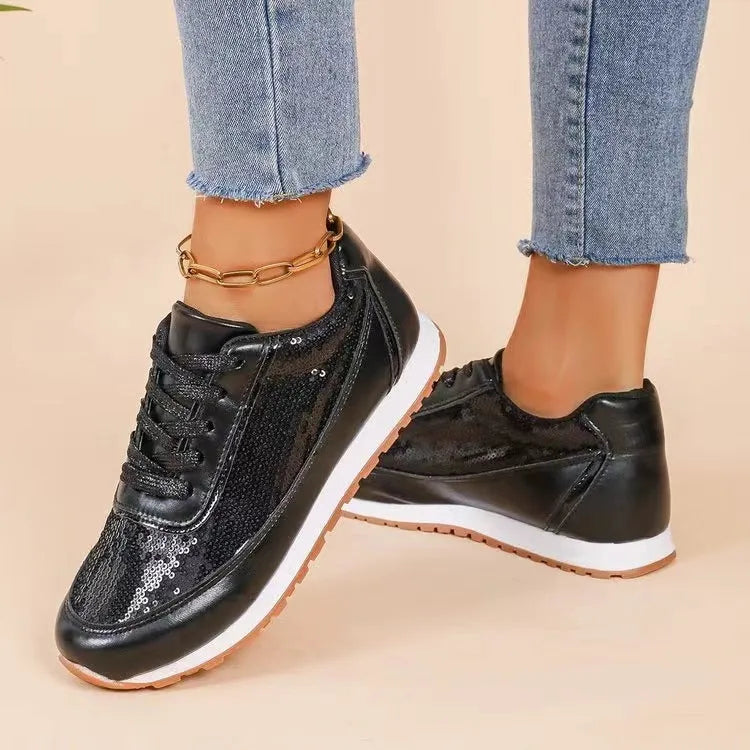 Women's black thick-soled casual sneakers with a square toe and PU leather upper.