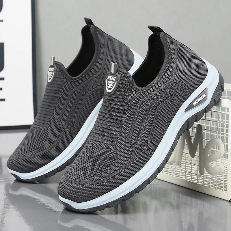 Men's black and grey breathable casual shoes with mesh lining and round toe design