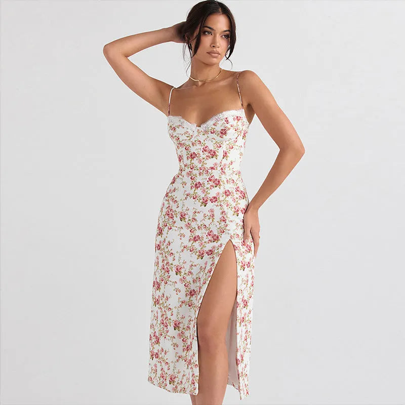 Blue lace floral print long dress on a model, showing side slit and suspender straps.