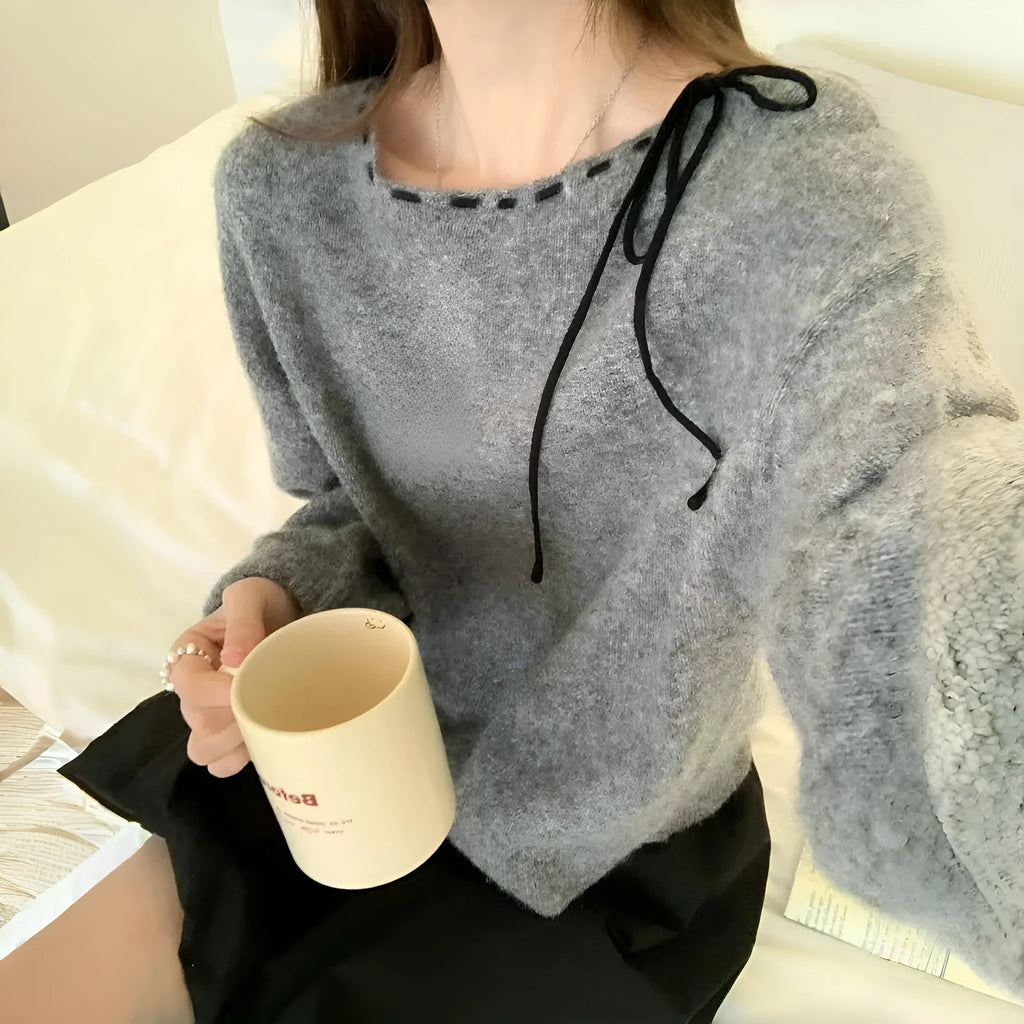 Women's loose-fit grey knitwear pullover made from regenerated cellulose fibre, casual style