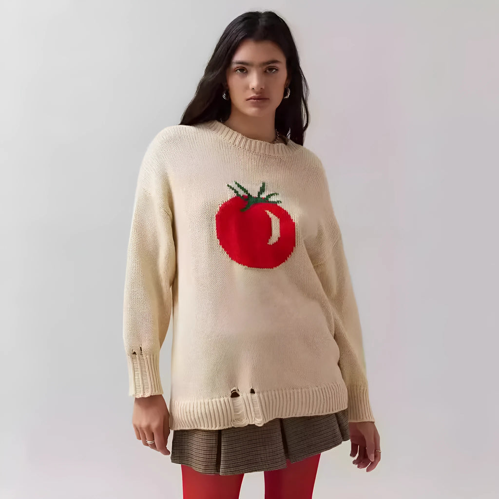 Women's loose-fitting milky white acrylic sweater with Jacquard knit texture and round neck.
