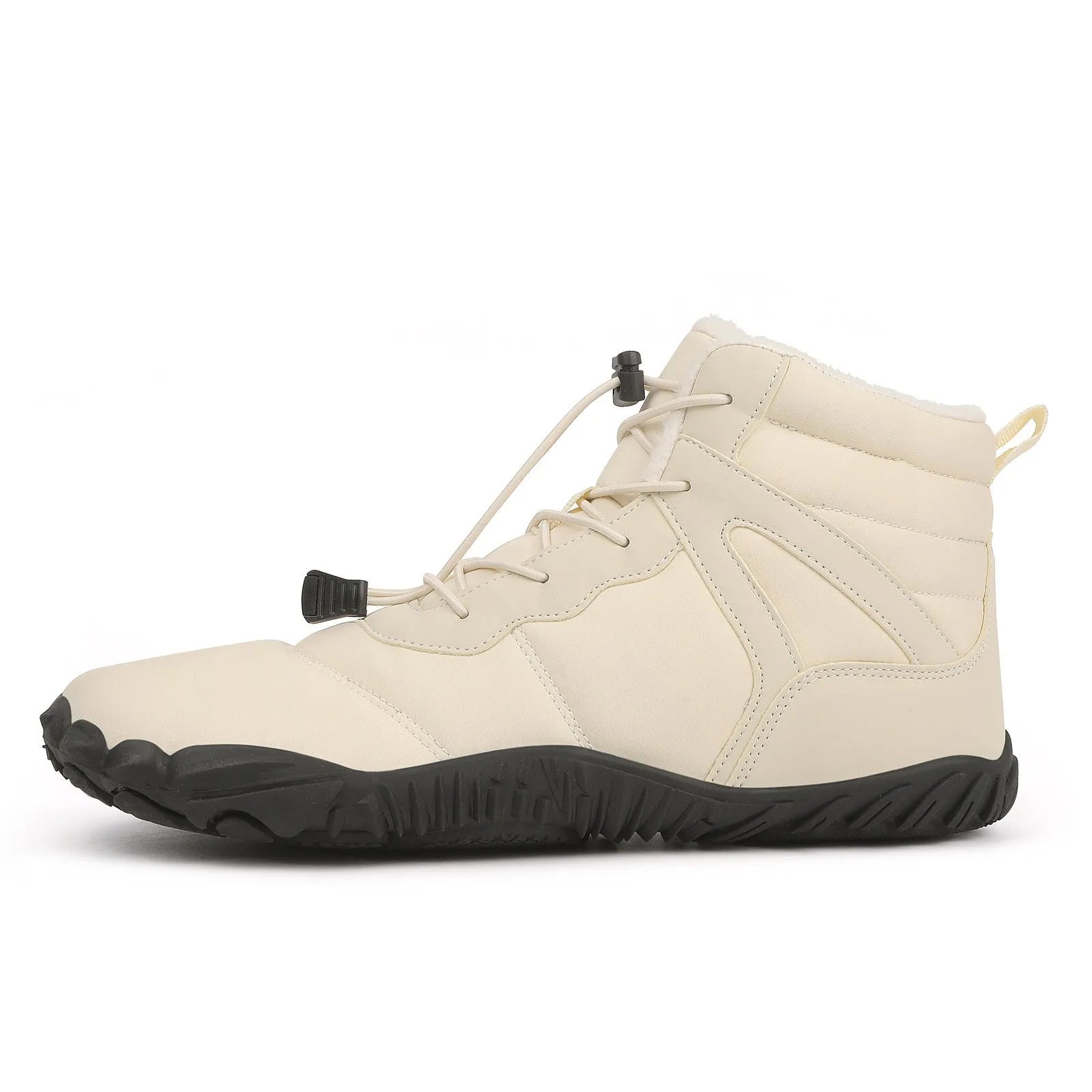 Beige five-finger waterproof snow boots with rubber sole and fleece lining on outdoor ground.