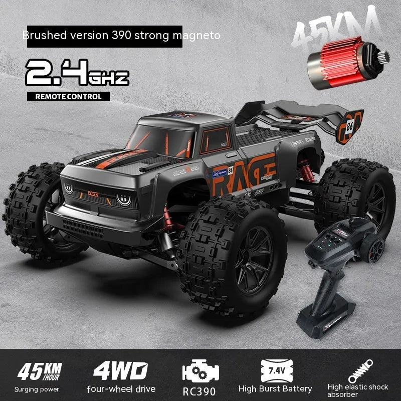 1:16 scale four-wheel drive brushless remote control car toy with metal construction and LED front lights