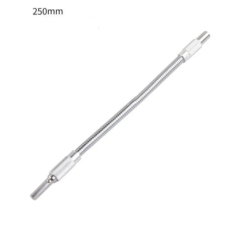 Silver metal flexible shaft extension for cordless drills with a 6.35mm shank.