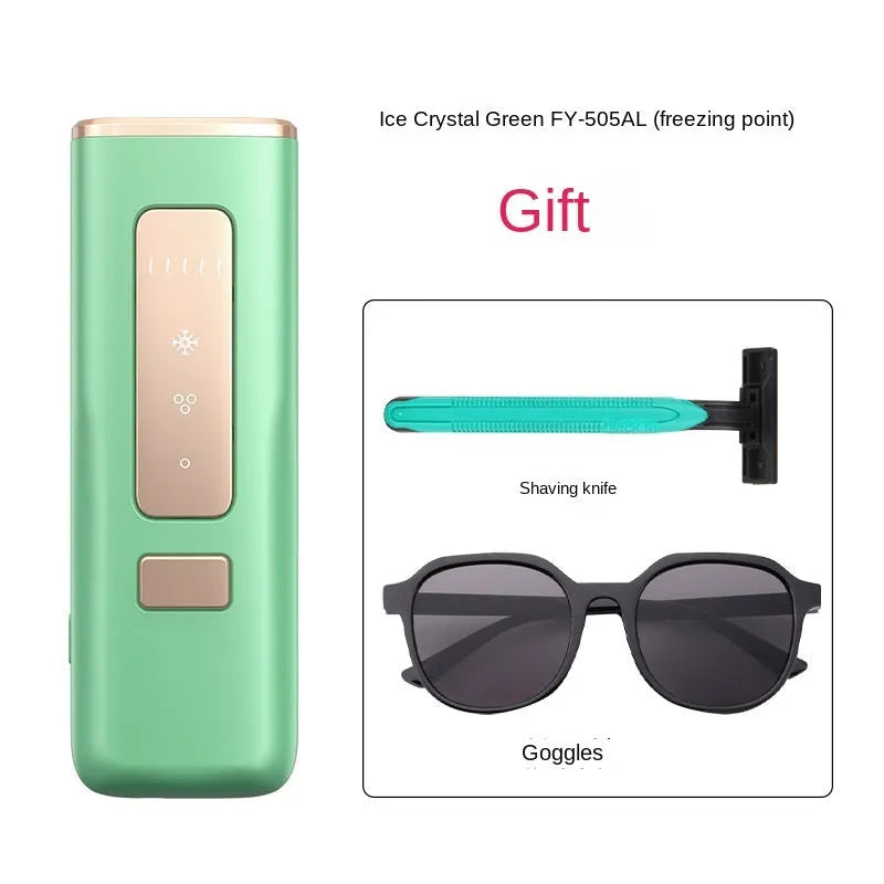 Laser hair remover permanent freezing point sapphire home use device in dark green or green, 150x67x36mm, with sunglasses and shaving knife.