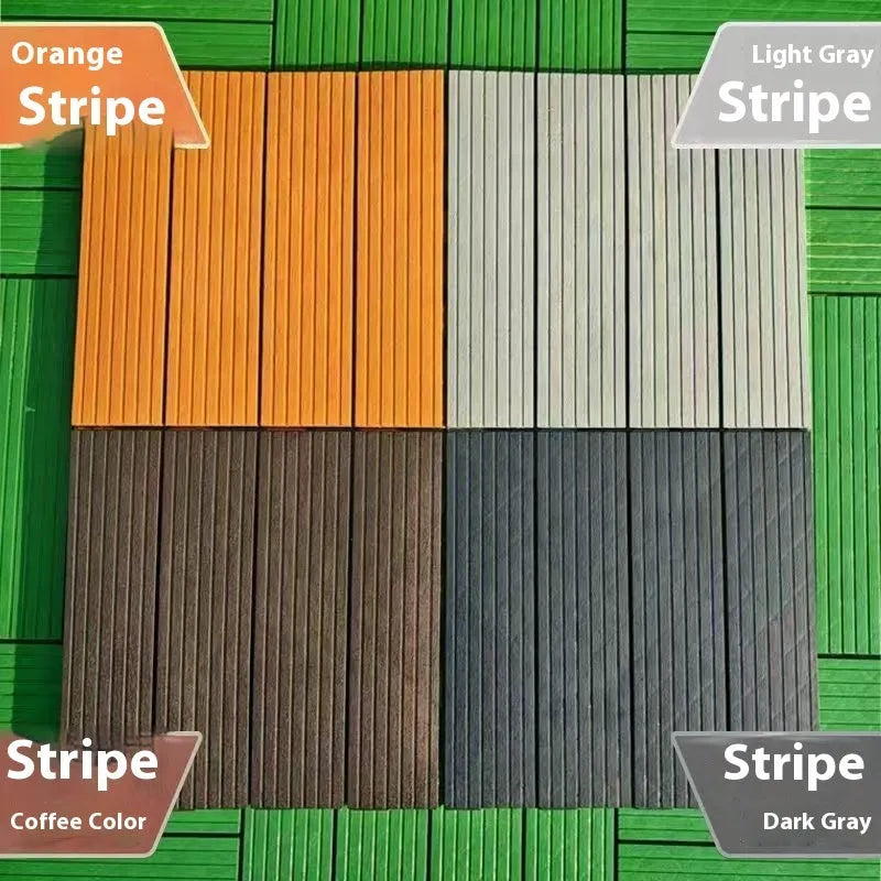 Pack of 10 wood grain patterned plastic floor tiles showing non-slip surface and splicing edges.