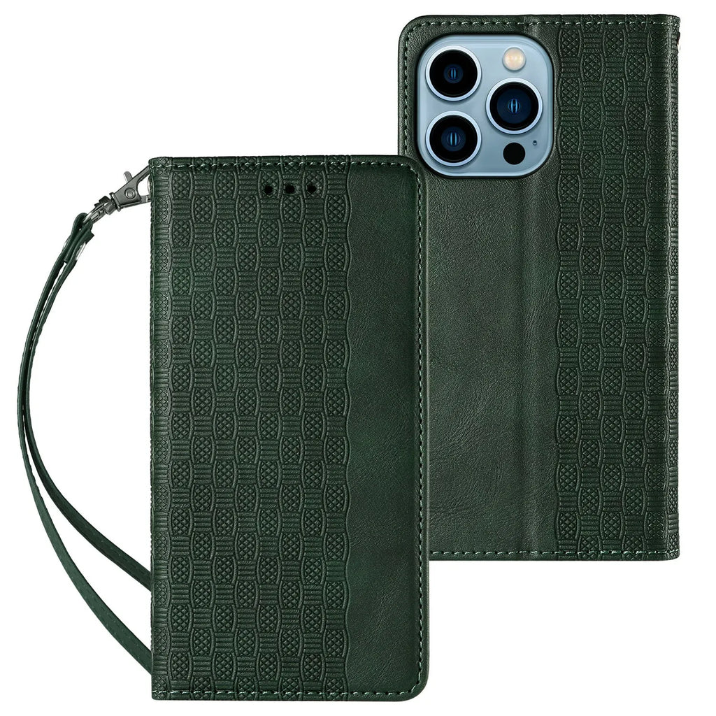 Black embossed leather pattern flip case for iPhone shown open, next to brown and blue colour options.