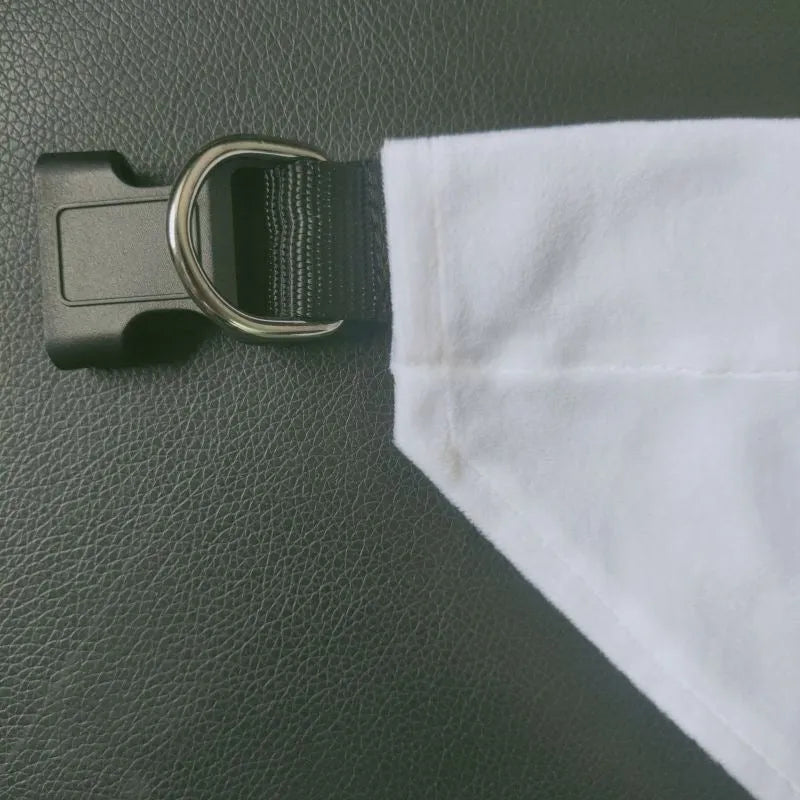 White blank polyester dog scarf for thermal transfer customisation showing four size options