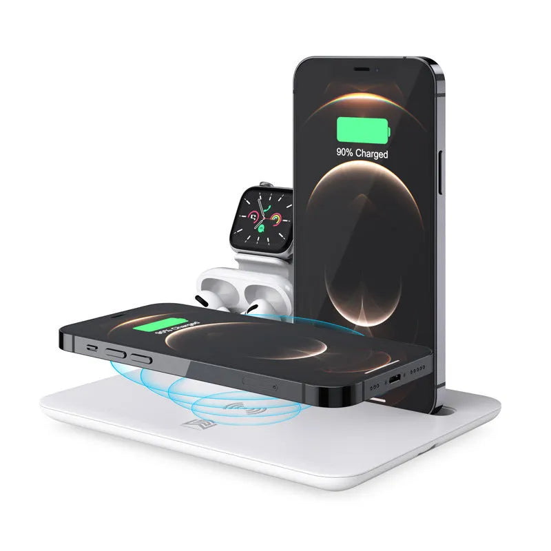 Black multi-device wireless charging station for phone, smartwatch, and headphones on a wooden desk.