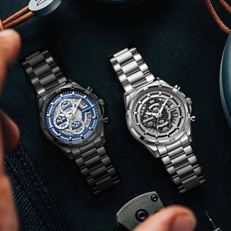 Men's waterproof quartz watch with luminous hands on stainless steel strap