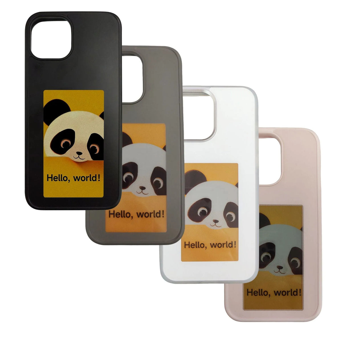 Four-colour e-ink projection phone case for iPhone in white, pink, black, or gray, TPU material, DIY customisable back cover.