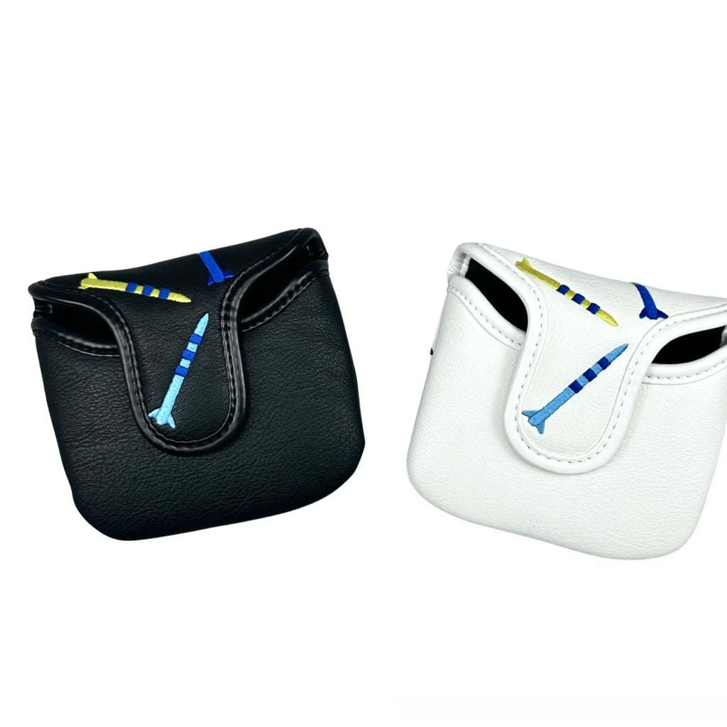 Black and white golf putter head protective sleeve with rocket pattern for square putters.