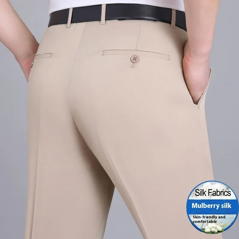 Men's straight-leg business trousers in mulberry silk blend with high-waist design