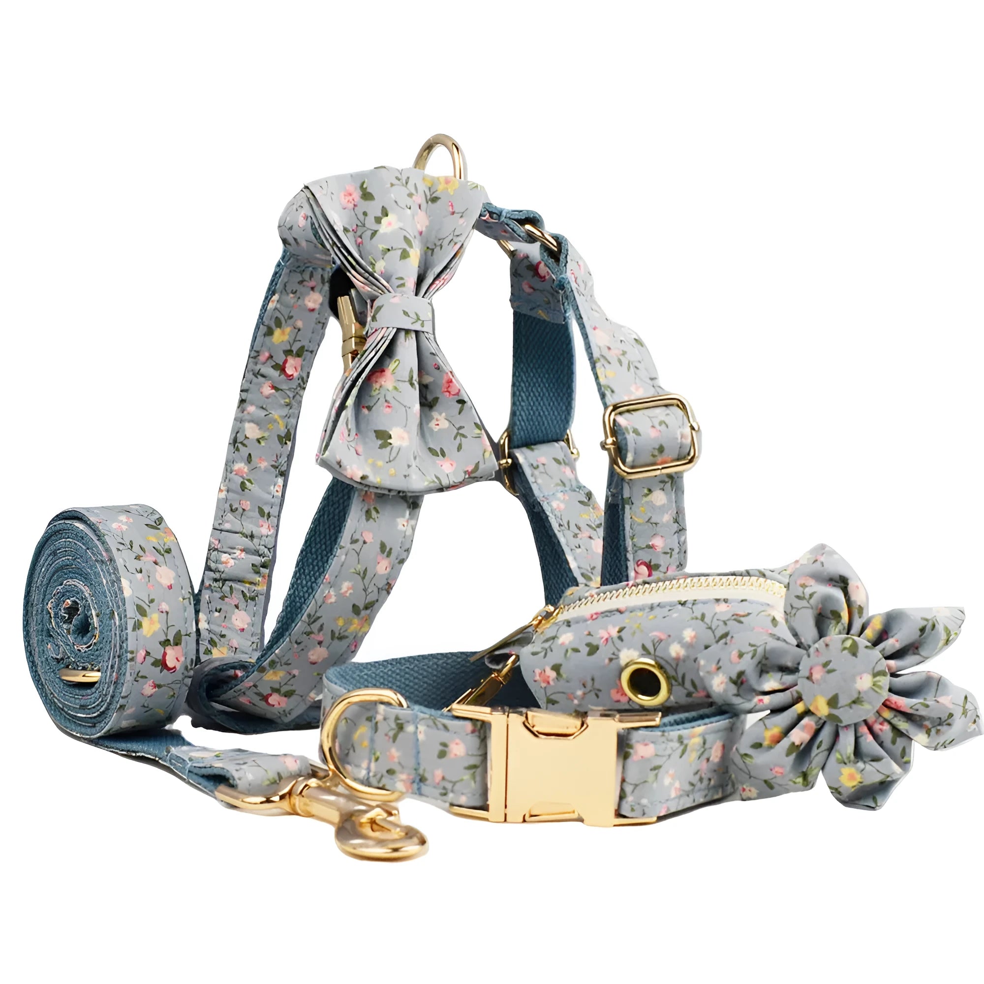 Blue floral polyester cotton dog collar with matching leash, vest, and bow tie accessories